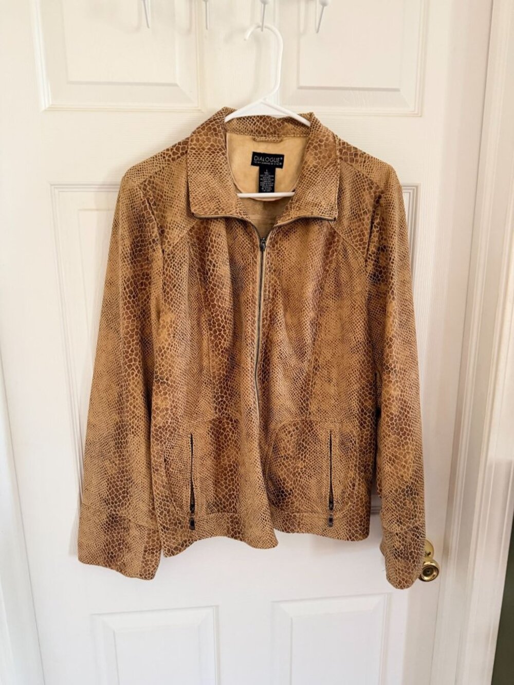Dialogue Faux Snakeskin Jacket With Zipper Front & Pockets Tan/Brown Animal Prin